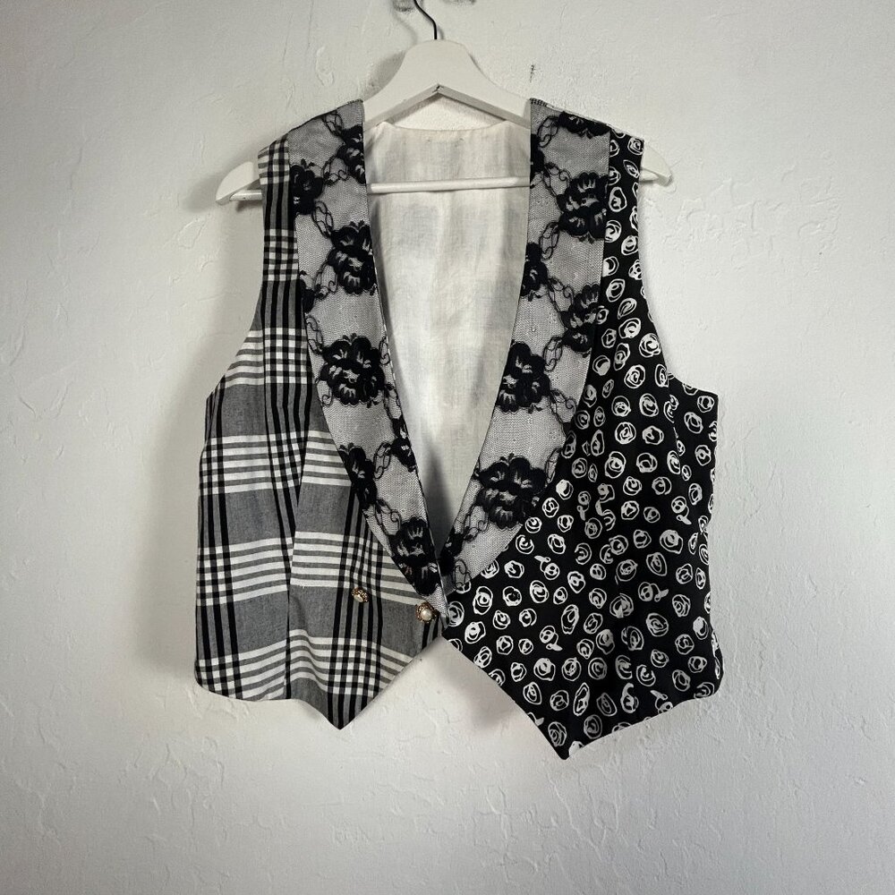 Women's Patchwork Pattern Shawl Collar Vest Black Gray Double-Breasted Casual